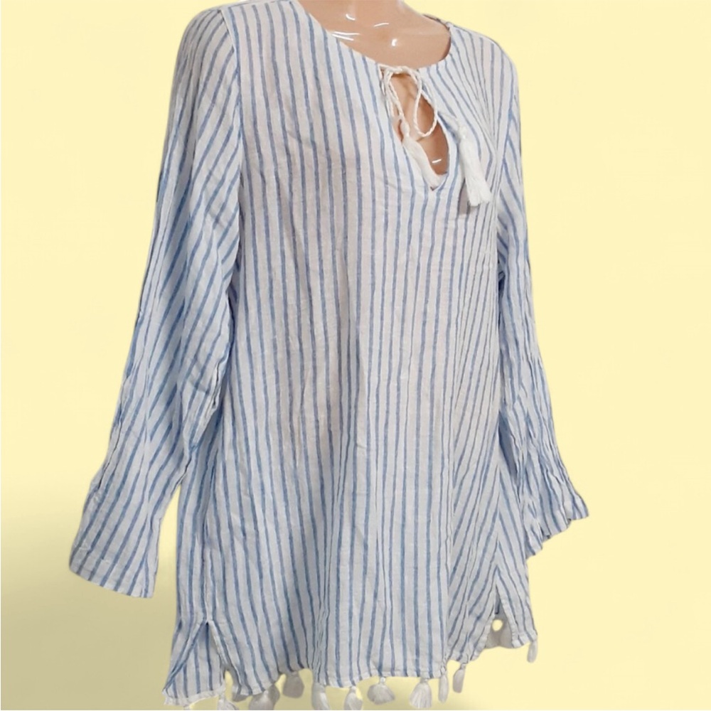 Rachel Zoe Boho Striped Linen Blend Tunic/Beach Cover-Up W/Tassels. Size Small.